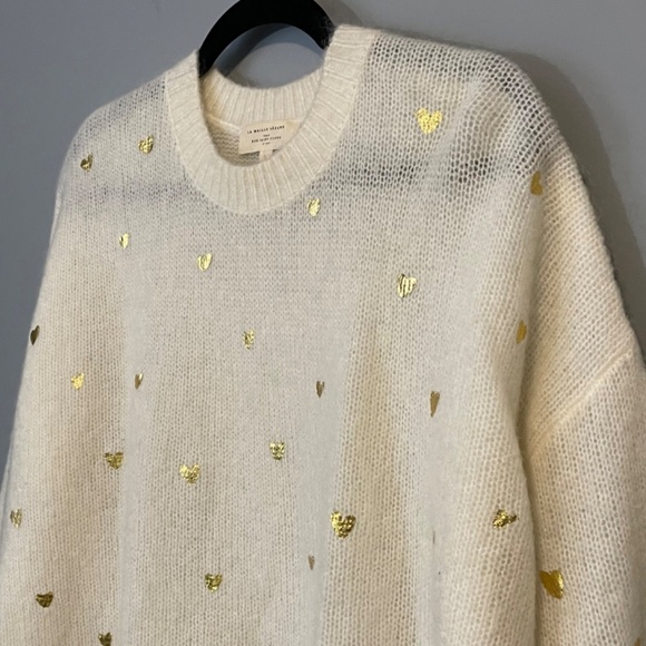 Last Chance! Sezane Cinta Jumper Gold Foil Heart Mohair Wool Sweater Ecru L - Picture 4 of 6